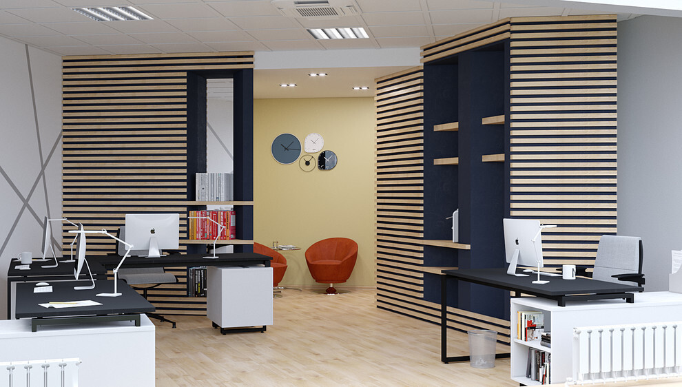 Интерьер кабинета c рабочим местом, зонированием рейками, ресепшном и вертикальными жалюзи в современном стиле