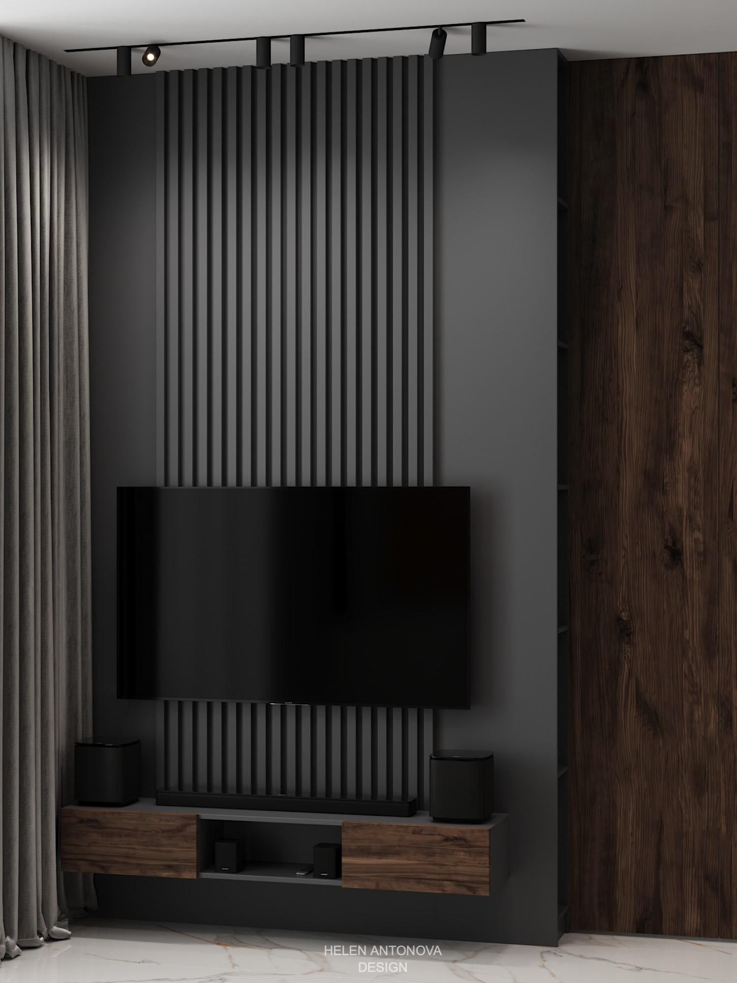 Интерьер cтеной с телевизором, телевизором на рейках, телевизором на стене и керамогранитом на стену с телевизором