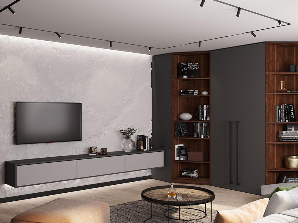 Интерьер гостиной cтеной с телевизором и керамогранитом на стену с телевизором