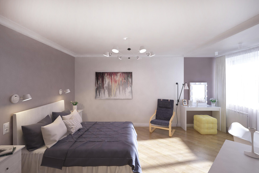 Интерьер спальни cветовыми линиями и подсветкой светодиодной в скандинавском стиле