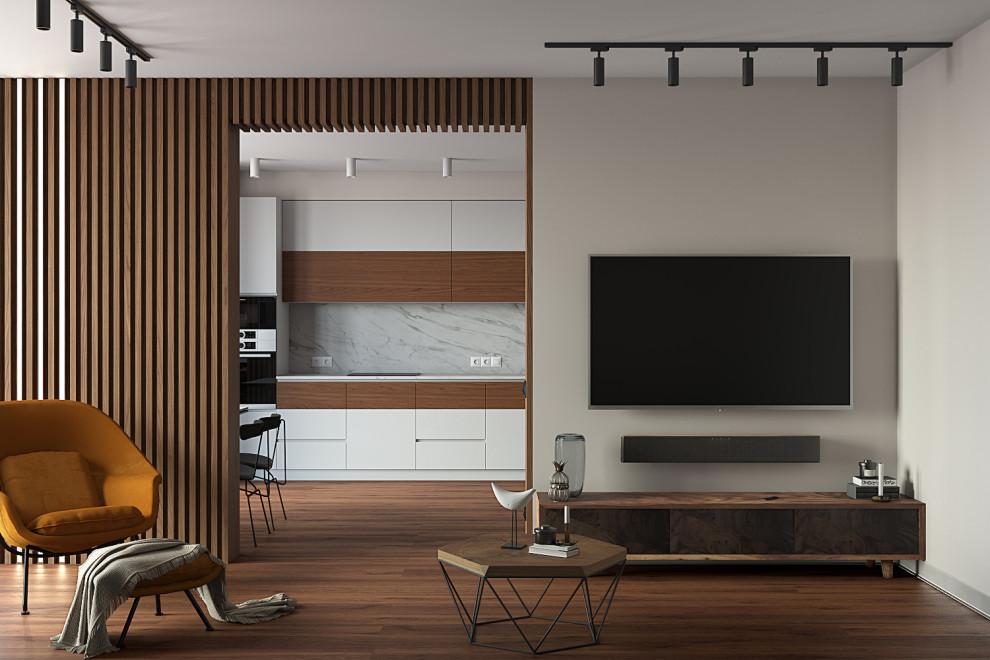 Интерьер гостиной с зонированием рейками и телевизором на рейках в современном стиле