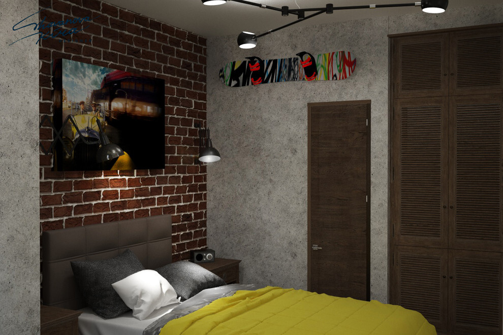 Интерьер спальни с подсветкой настенной в стиле лофт