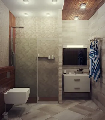 Интерьер ванной с душевой из плитки и без окна  смотреть на Basicdecor