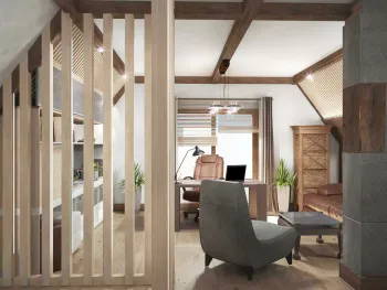 Интерьер кабинета c рабочим местом, зонированием рейками и перегородкой раздвижной в современном стиле смотреть на Basicdecor