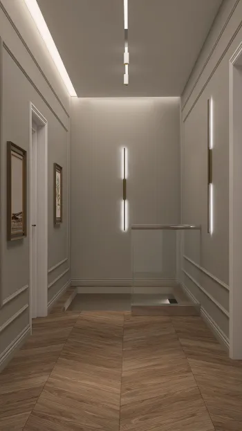 Интерьер коридора cветовыми линиями и с подсветкой  смотреть на Basicdecor