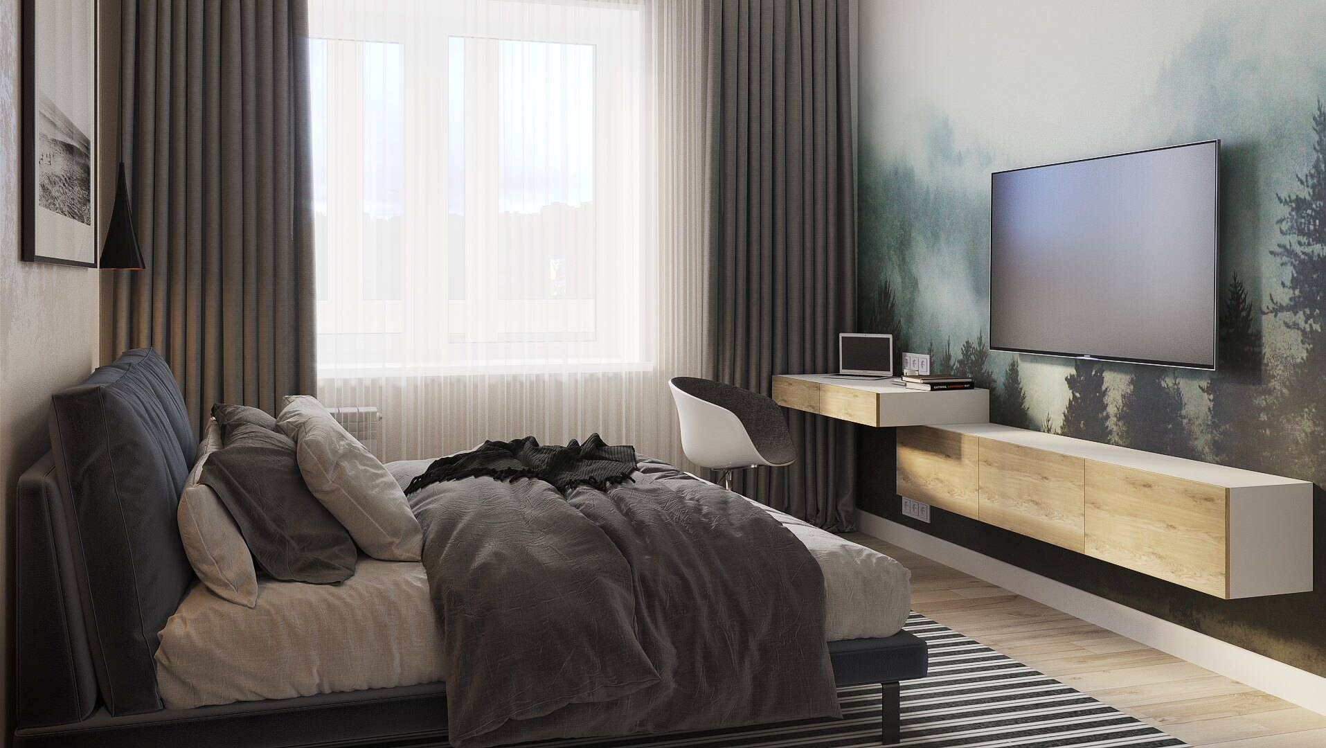 Интерьер спальни c рабочим местом, стеной с телевизором, телевизором на рейках, телевизором на стене и керамогранитом на стену с телевизором в скандинавском стиле