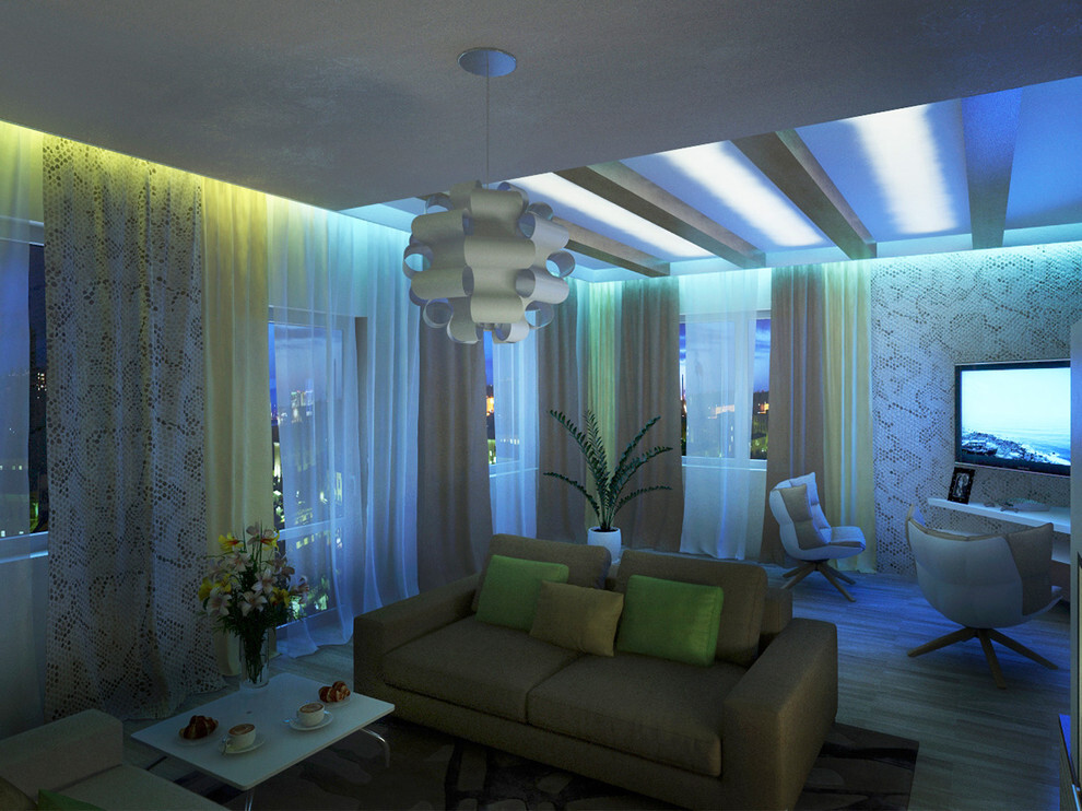 Интерьер гостиной cветовыми линиями, рейками с подсветкой, подсветкой настенной, подсветкой светодиодной и с подсветкой в современном стиле
