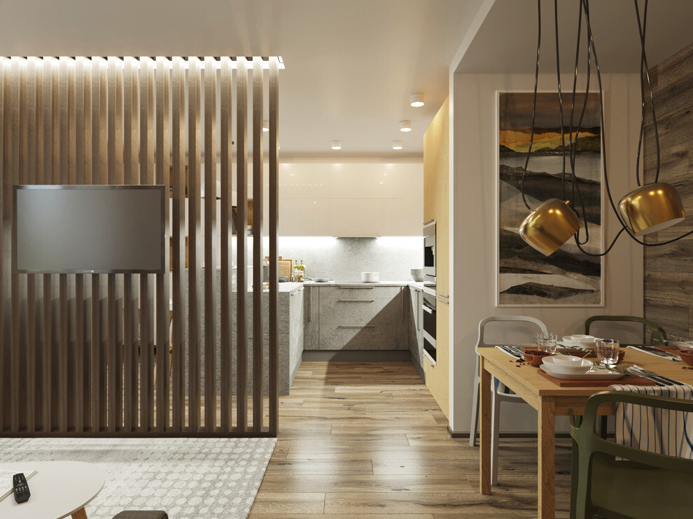 Интерьер кухни с в деревянном доме, зонированием рейками и рейками с подсветкой в современном стиле