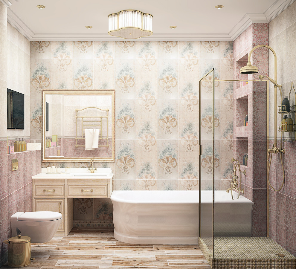 Интерьер ванной в стиле кантри, барокко и рококо