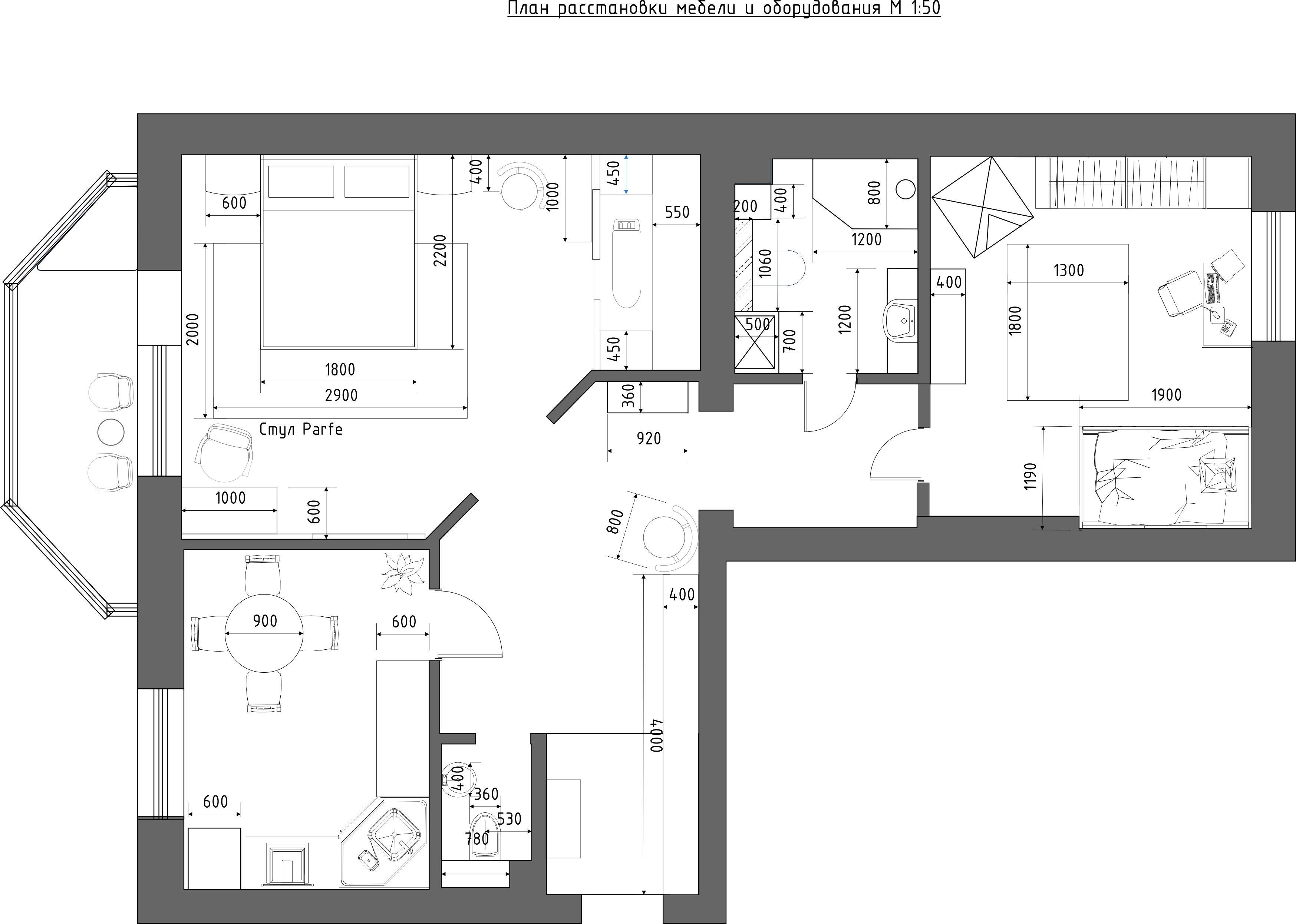 Интерьер с зонированием, проходной, с кабинетом и open space