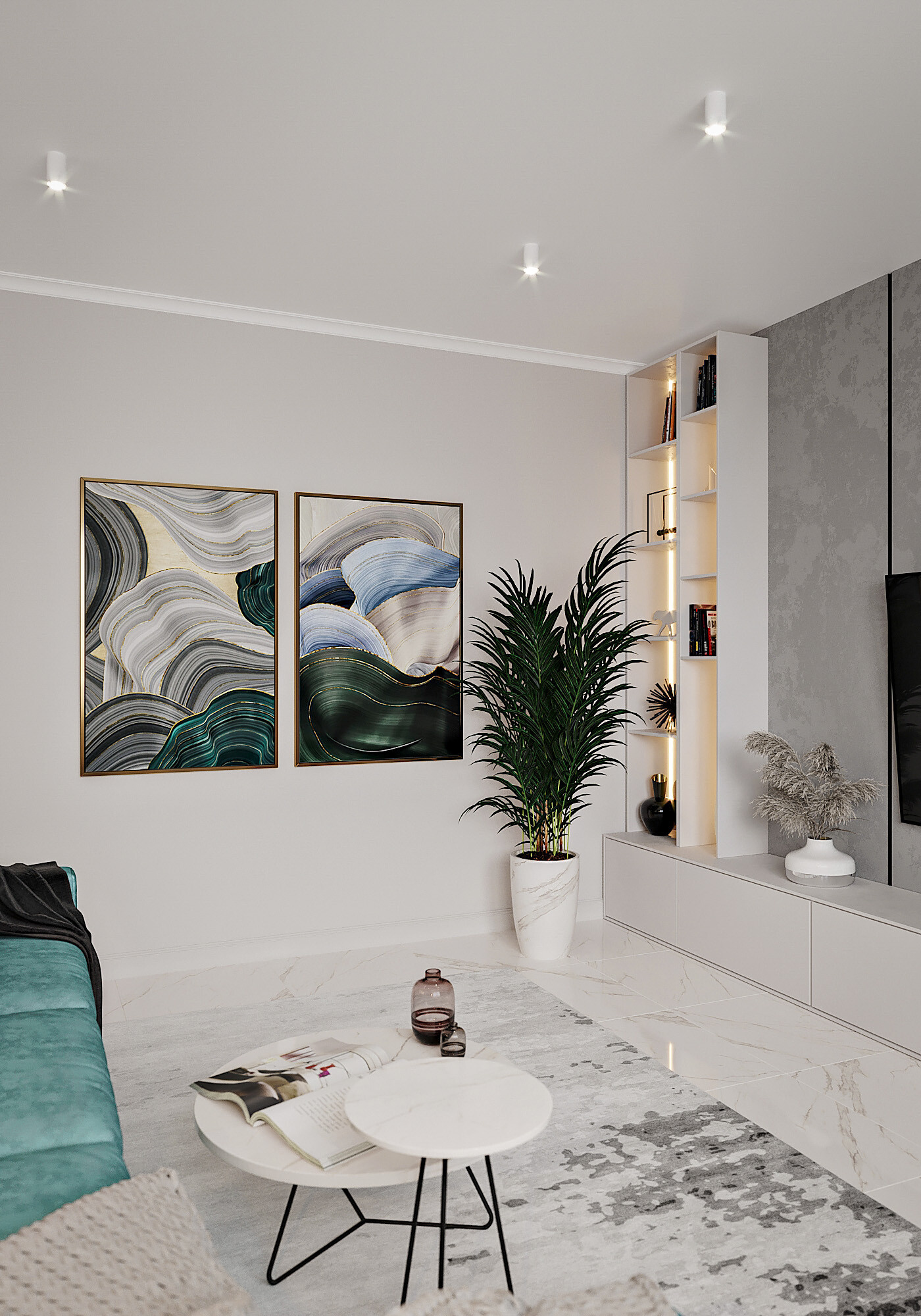 Интерьер гостиной с картинами над камином и панно за телевизором в современном стиле