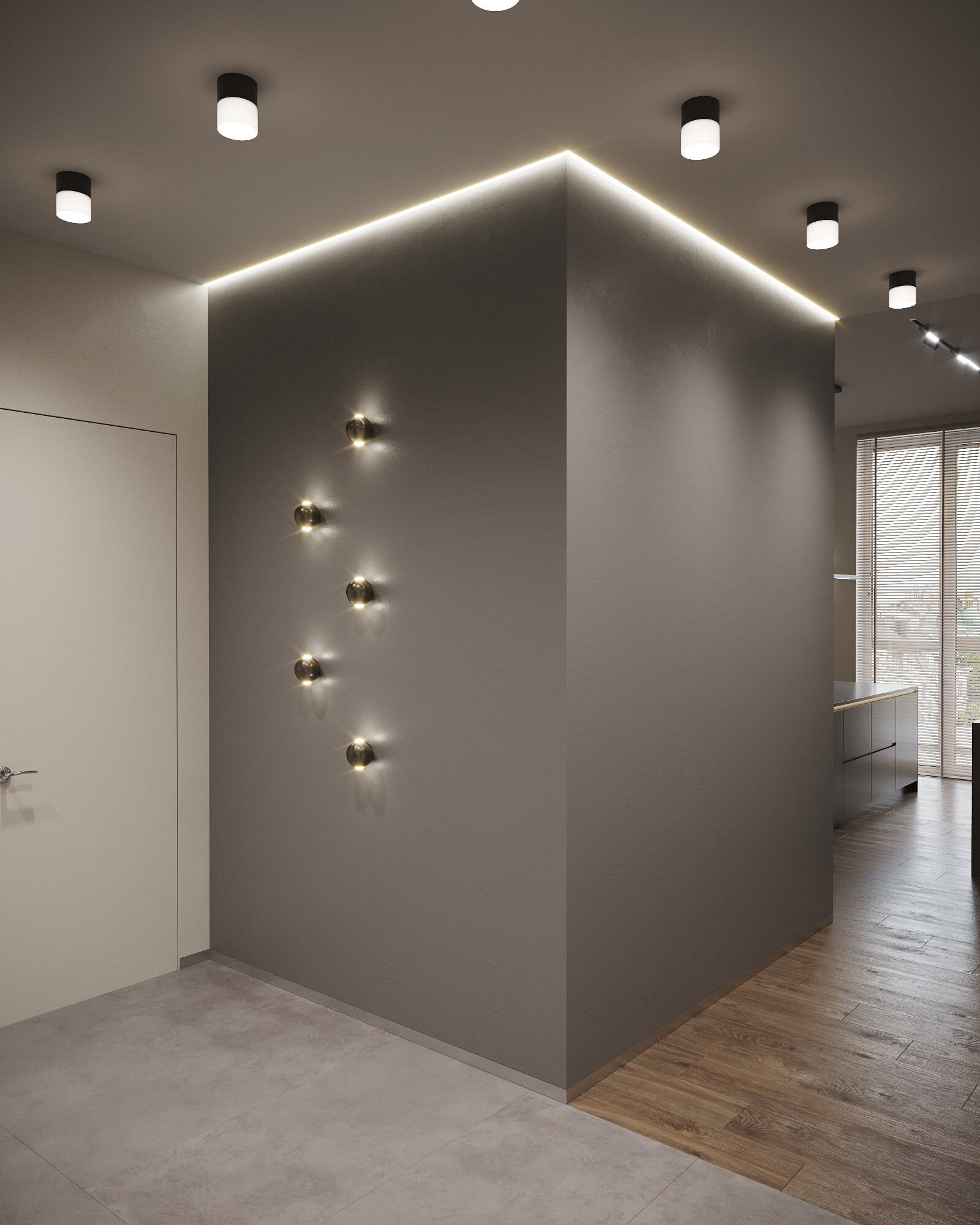 Интерьер коридора с нишей с подсветкой, световыми линиями, рейками с подсветкой, подсветкой настенной, подсветкой светодиодной и с подсветкой в современном стиле