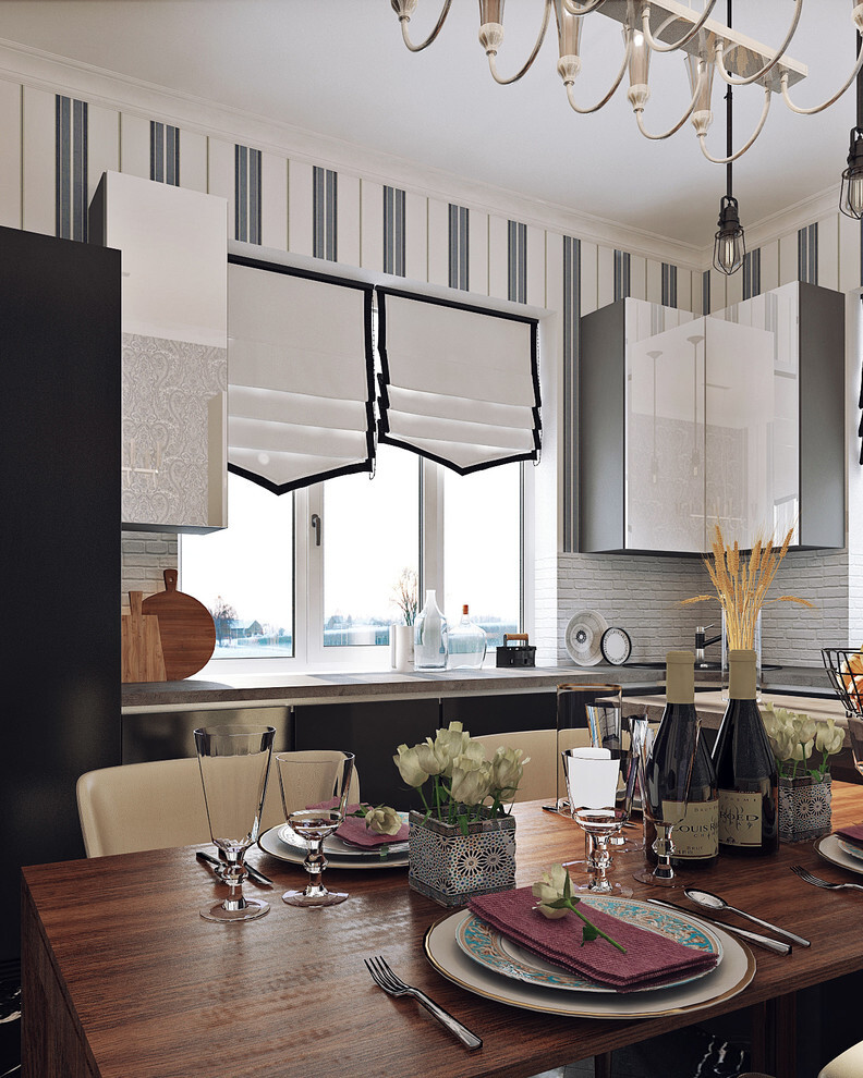 Интерьер кухни с жалюзи, вертикальными жалюзи и дверными жалюзи в современном стиле