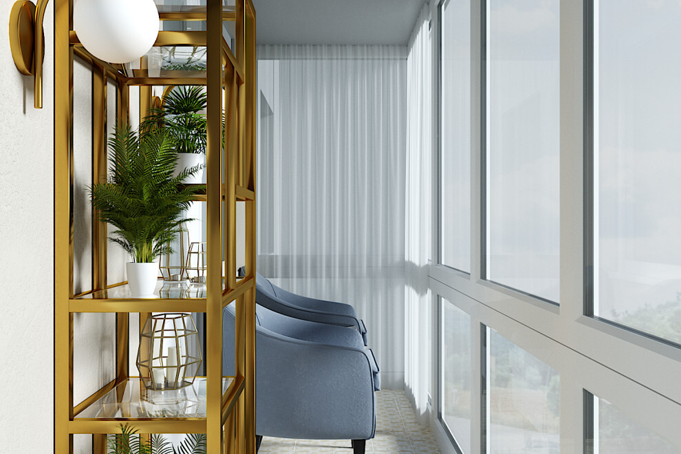 Интерьер балкона с балконом, панорамными окнами и вертикальными жалюзи в неоклассике