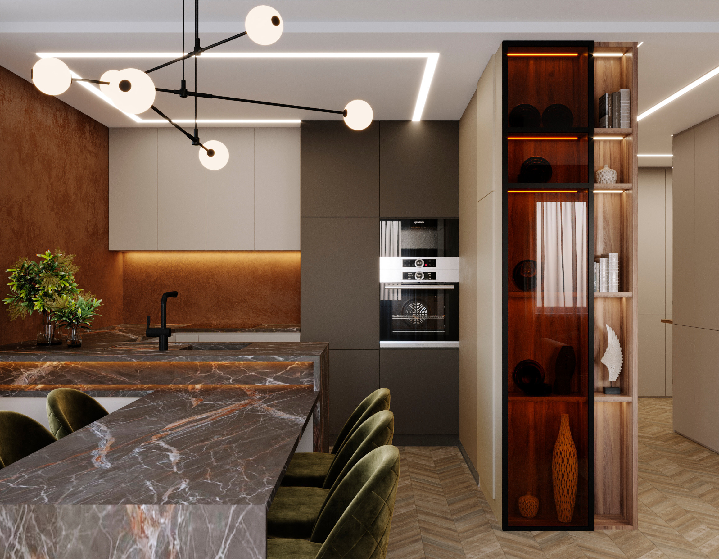 Интерьер кухни с подсветкой настенной, подсветкой светодиодной и с подсветкой в стиле лофт