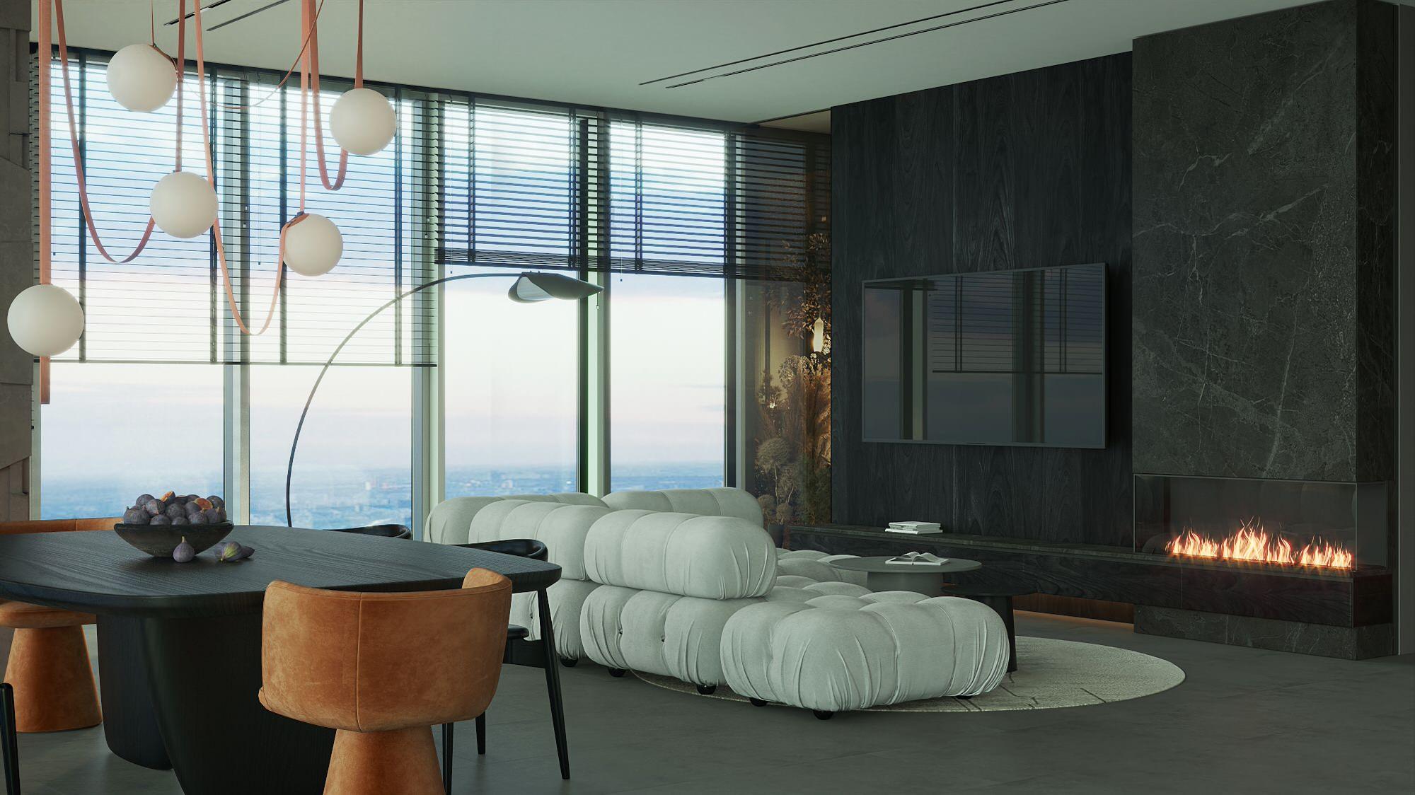 Интерьер гостиной с диваном у окна и сауной в современном стиле