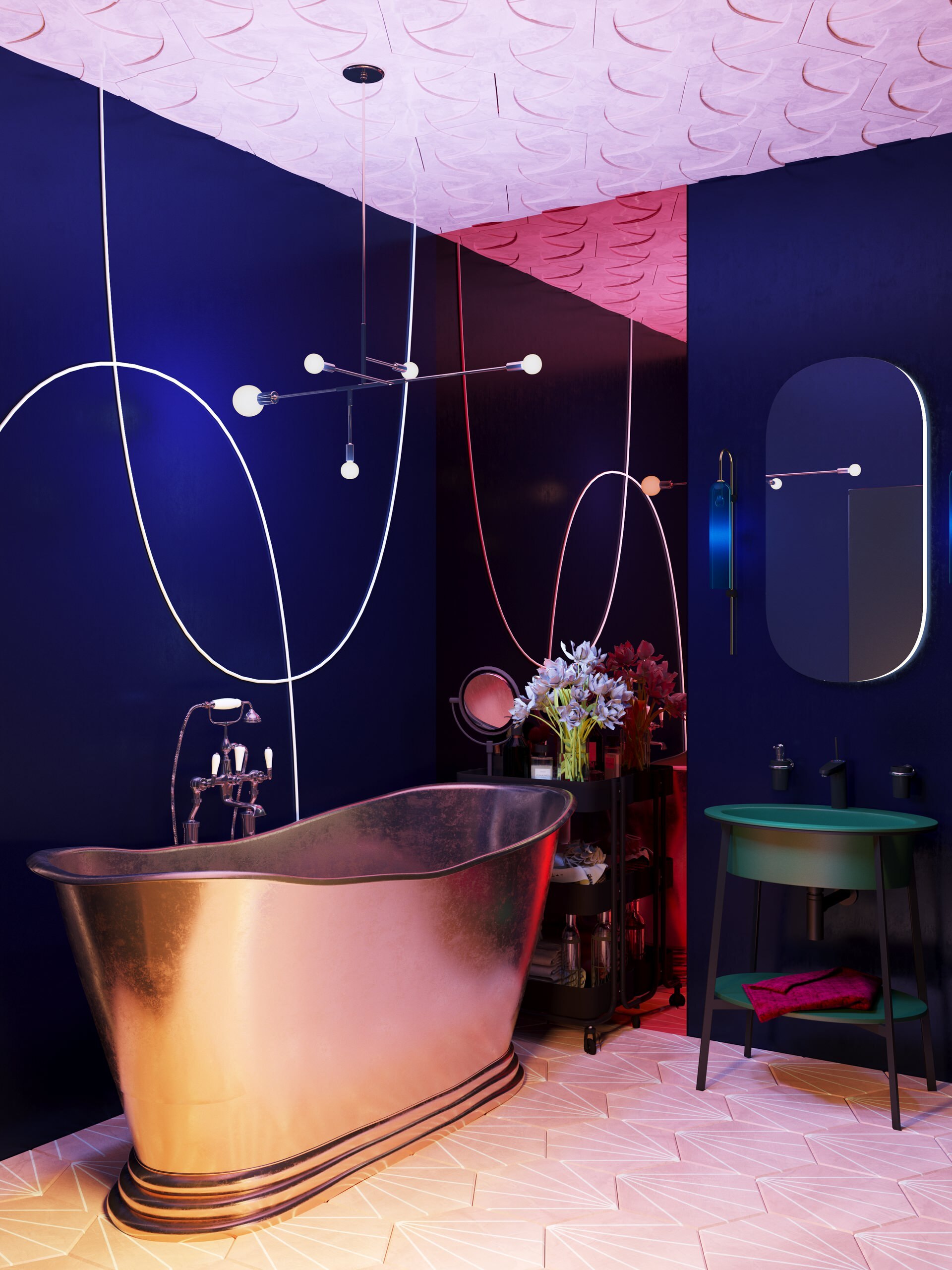 Интерьер ванной cветовыми линиями, подсветкой настенной и подсветкой светодиодной в современном стиле