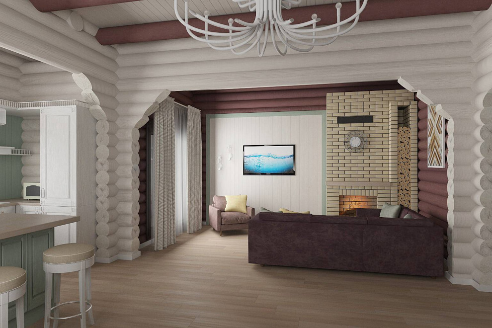 Интерьер гостиной с в деревянном доме и сауной в классическом стиле