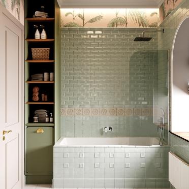 Интерьер ванной с нишей из плитки в стиле кантри смотреть на Basicdecor