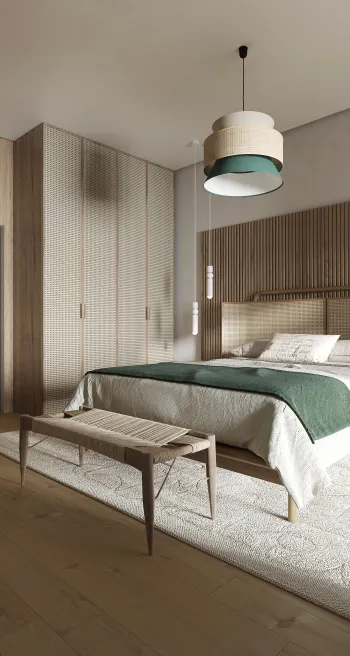 Интерьер спальни с жалюзи и дверными жалюзи  смотреть на Basicdecor