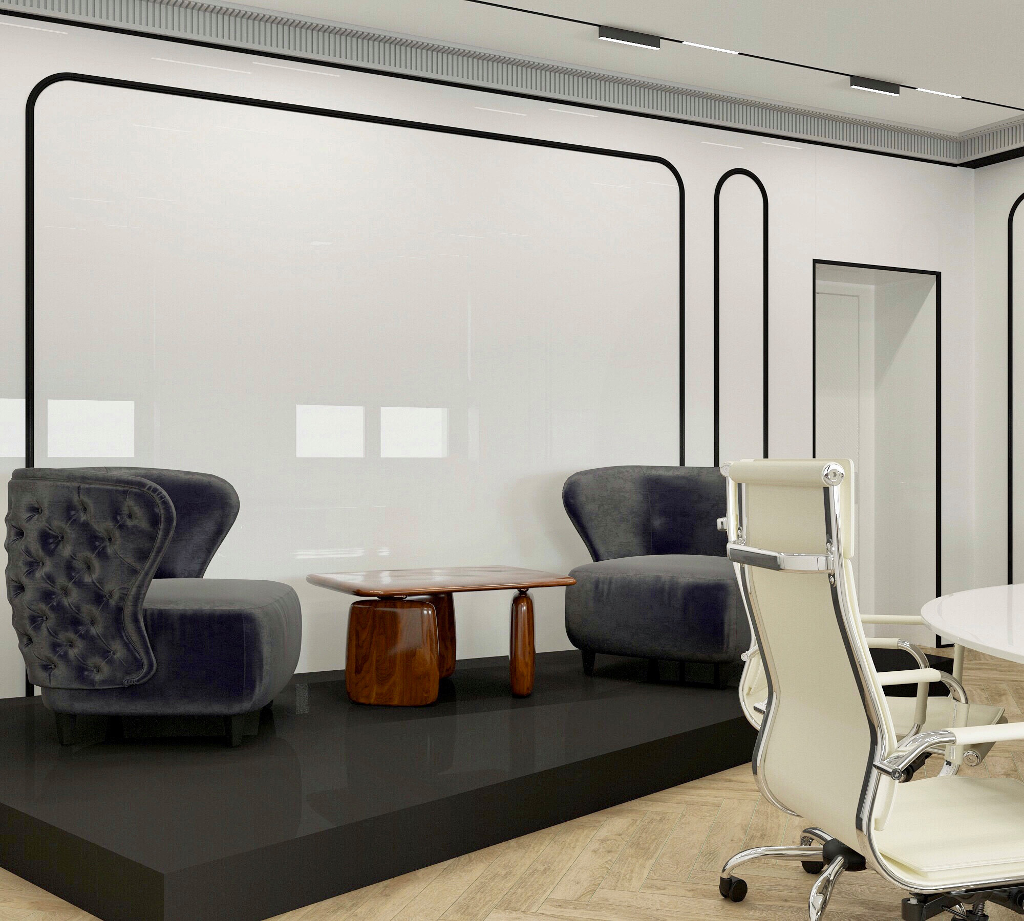 Интерьер офиса с вертикальными жалюзи в современном стиле