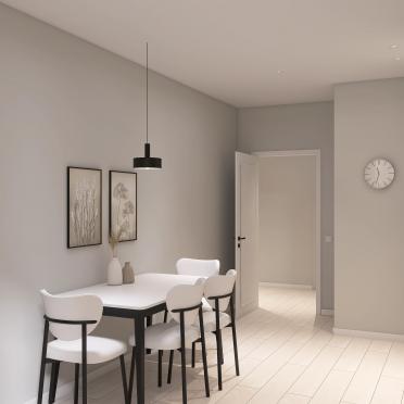 Интерьер кухни cветильниками над столом  смотреть на Basicdecor