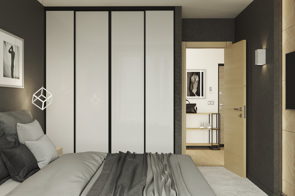 Интерьер спальни с перегородкой раздвижной и зеркалом на двери в современном стиле