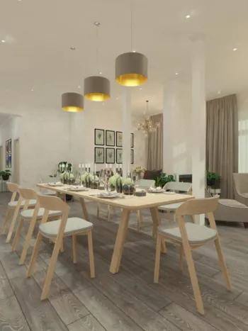 Интерьер столовой cветильниками над столом  смотреть на Basicdecor