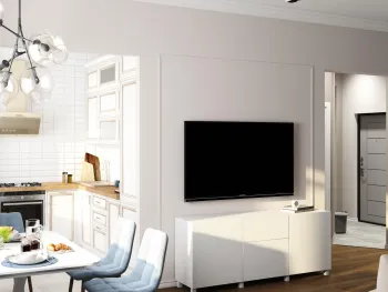 Интерьер гостиной с телевизором на стене  смотреть на Basicdecor