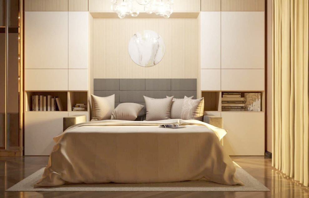Интерьер спальни с подсветкой настенной, подсветкой светодиодной и светильниками над кроватью в современном стиле