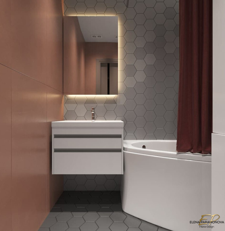 Интерьер ванной с зеркалом в нише, совмещенным санузлом, зеркалом на двери, подсветкой настенной, подсветкой светодиодной и с подсветкой в стиле лофт