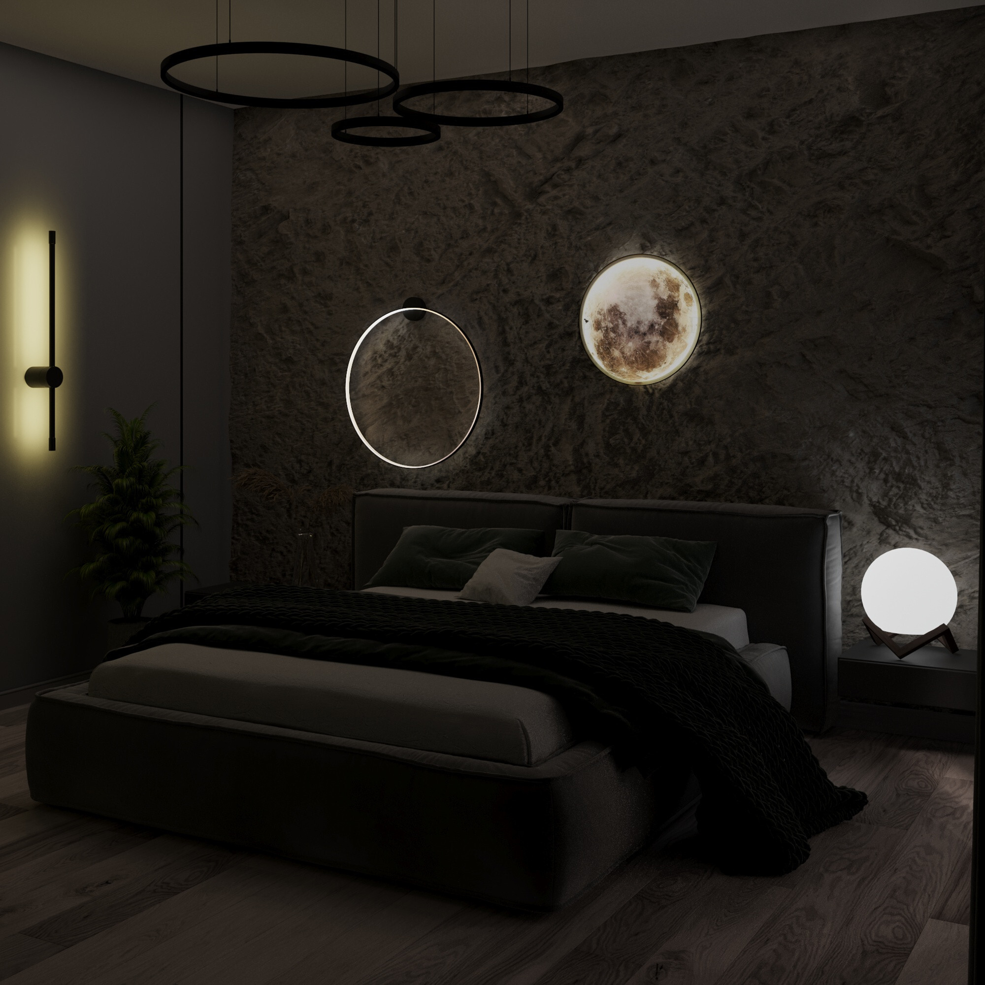 Интерьер спальни с подсветкой настенной и светильниками над кроватью