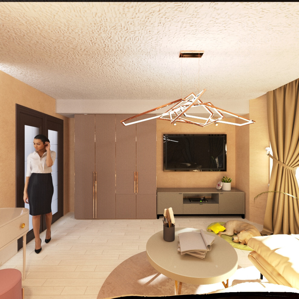 Интерьер гостиной с проходной, световыми линиями и подсветкой светодиодной в современном стиле