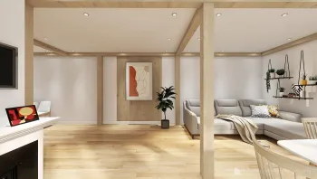 Интерьер гостиной с в деревянном доме  смотреть на Basicdecor