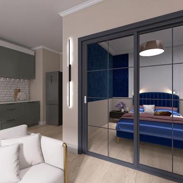 Интерьер спальни с зеркалом на двери  смотреть на Basicdecor