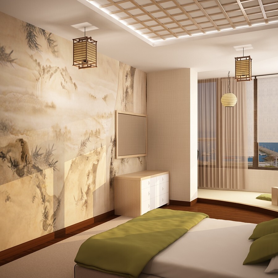 Интерьер с рейками с подсветкой, подсветкой настенной и светильниками над кроватью в восточном стиле и японском