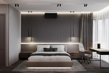 Интерьер спальни с нишей с подсветкой, световыми линиями, подсветкой светодиодной, светильниками над кроватью и с подсветкой в современном стиле смотреть на Basicdecor
