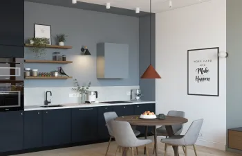 Интерьер кухни cветильниками над столом  смотреть на Basicdecor