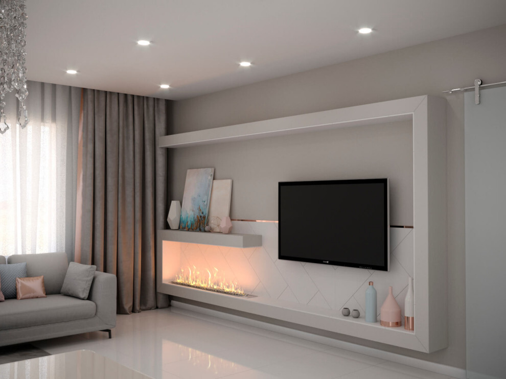 Интерьер гостиной с нишей с подсветкой, подсветкой настенной, подсветкой светодиодной и с подсветкой