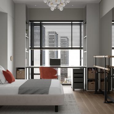 Интерьер детской с жалюзи и светильниками над кроватью  смотреть на Basicdecor