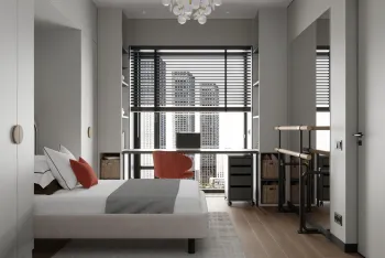 Интерьер детской с жалюзи и светильниками над кроватью  смотреть на Basicdecor