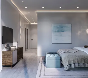 Интерьер спальни cветовыми линиями и с подсветкой  смотреть на Basicdecor