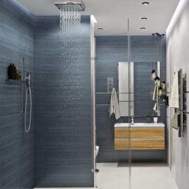 Интерьер ванной с душевой из плитки в современном стиле смотреть на Basicdecor