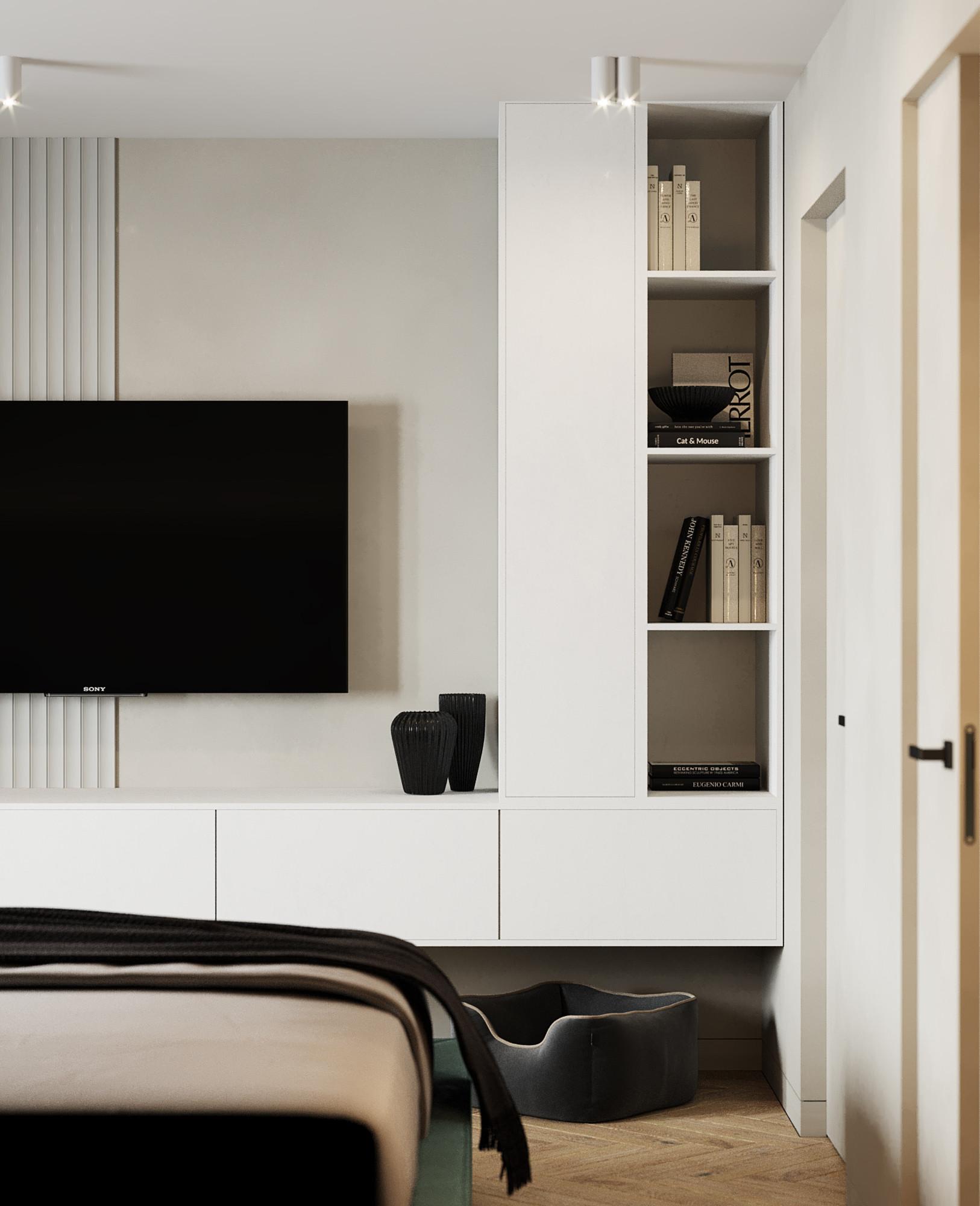 Интерьер спальни с нишей, стеной с телевизором, нишей для телевизора и керамогранитом на стену с телевизором в современном стиле