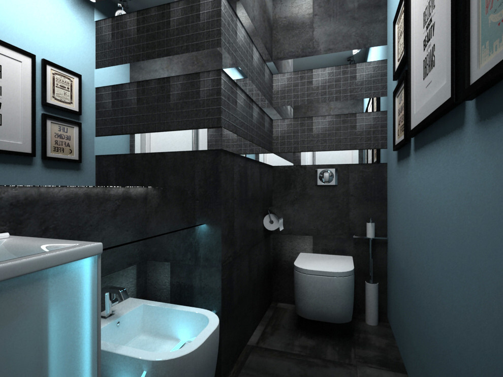 Интерьер ванной cовмещенным санузлом в современном стиле, в стиле лофт и хай-теке