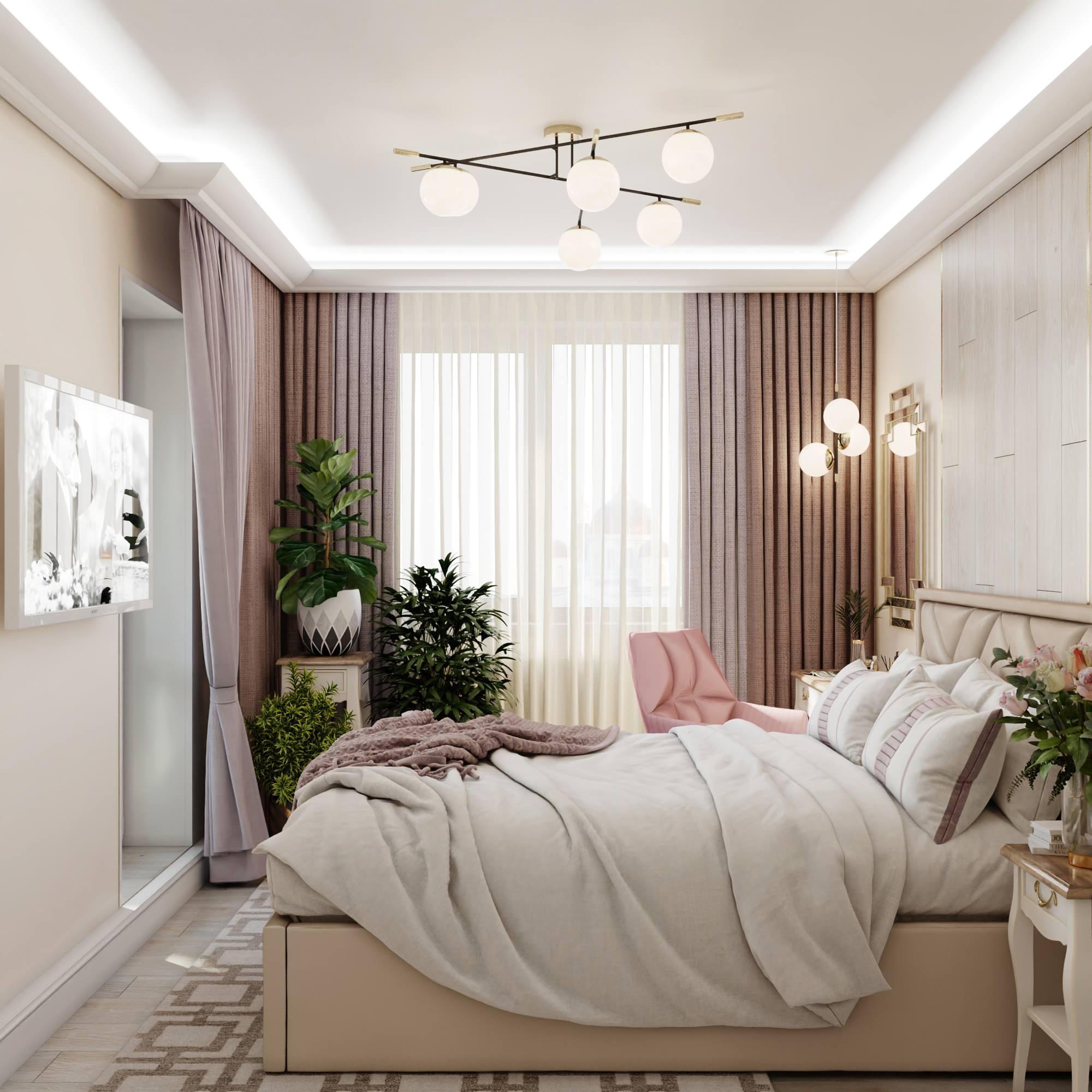 Интерьер спальни с подсветкой светодиодной и светильниками над кроватью в неоклассике