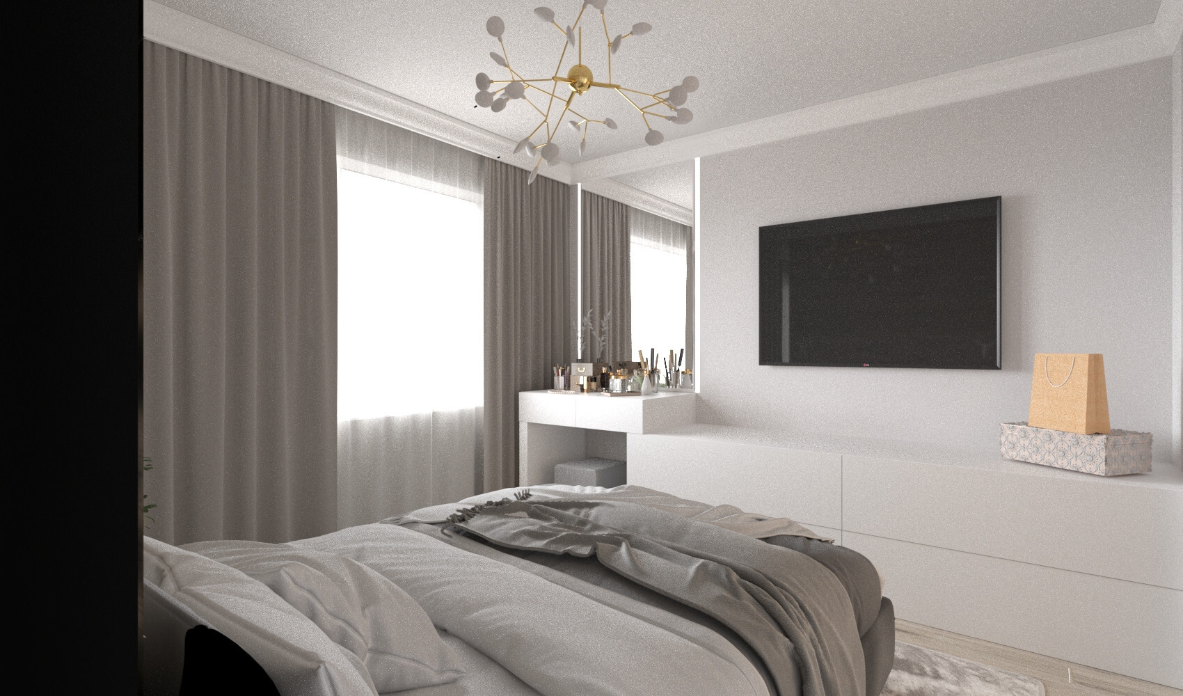 Интерьер спальни cветовыми линиями и светильниками над кроватью в современном стиле