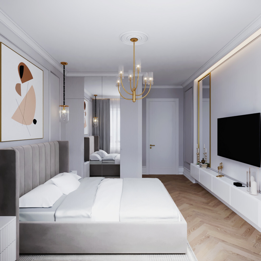 Интерьер спальни cветовыми линиями и светильниками над кроватью в классическом стиле