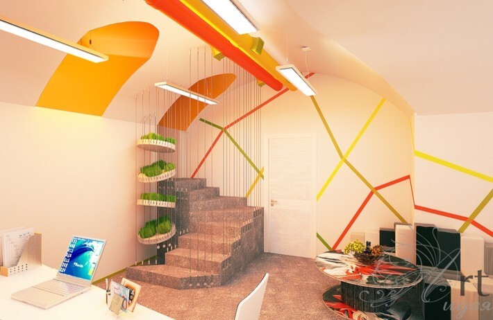 Интерьер c антресолью и под лестницей в стиле лофт и модернизме