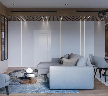 Интерьер гостиной cветовыми линиями и с подсветкой  смотреть на Basicdecor